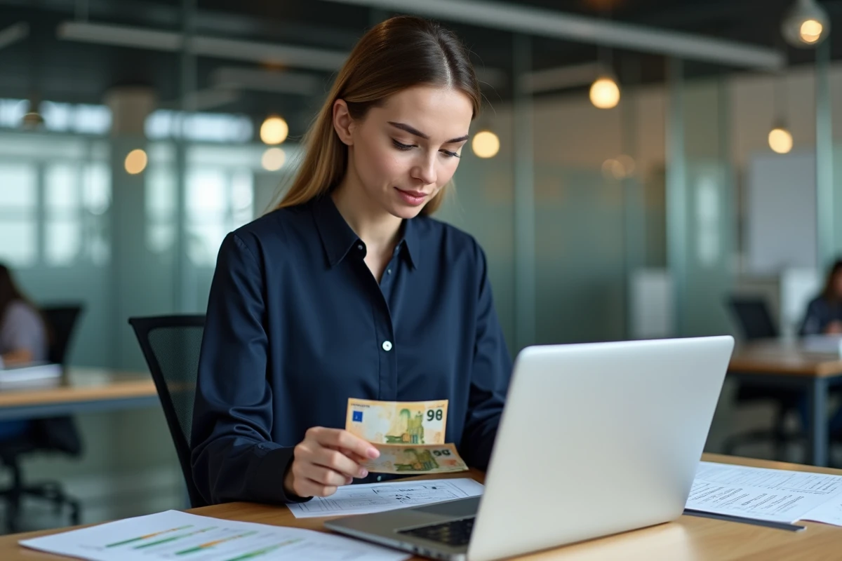 Jeune femme compare billets et fiche de salaire au bureau