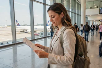 Femme consultant son assurance voyage ACS dans un aéroport avant un départ à l'étranger