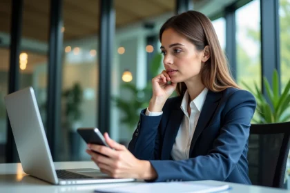Femme d affaires en bureau regardant son ordinateur