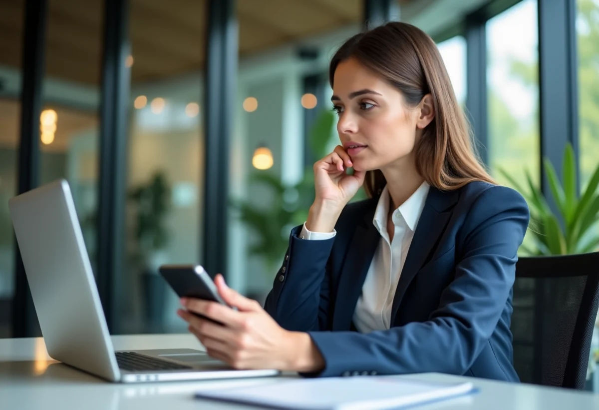Femme d affaires en bureau regardant son ordinateur