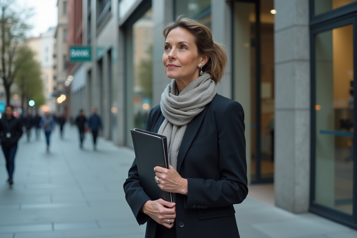 Femme d affaires dans une rue urbaine devant une banque
