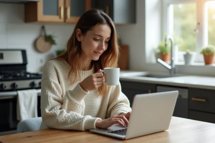 Femme concentrée sur son ordinateur dans une cuisine moderne