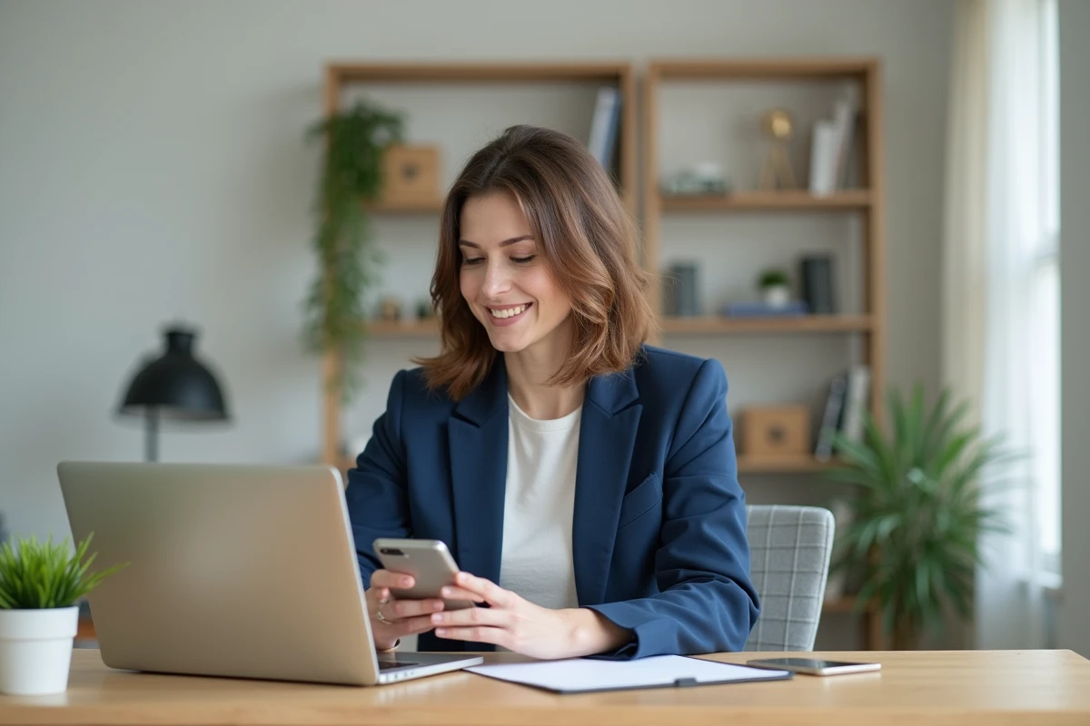 Femme concentrée travaillant sur son ordinateur dans un bureau lumineux