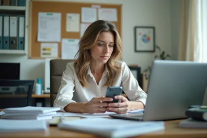 Femme au bureau vérifiant son téléphone dans un environnement administratif
