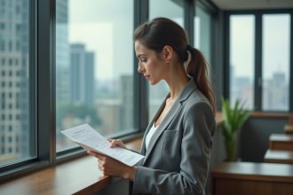 Femme d'affaires dans un bureau moderne regardant des documents