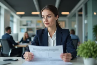 Femme cadre analysant une fiche de paie et un contrat CDI dans un bureau moderne