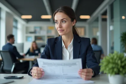 Femme cadre analysant une fiche de paie et un contrat CDI dans un bureau moderne