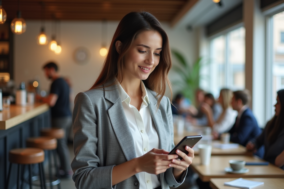 Femme dans un café consultant la application Binance sur son smartphone