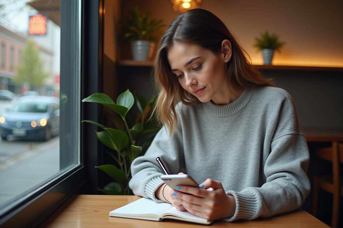 Jeune femme prenant des notes au café en regardant une appli financière