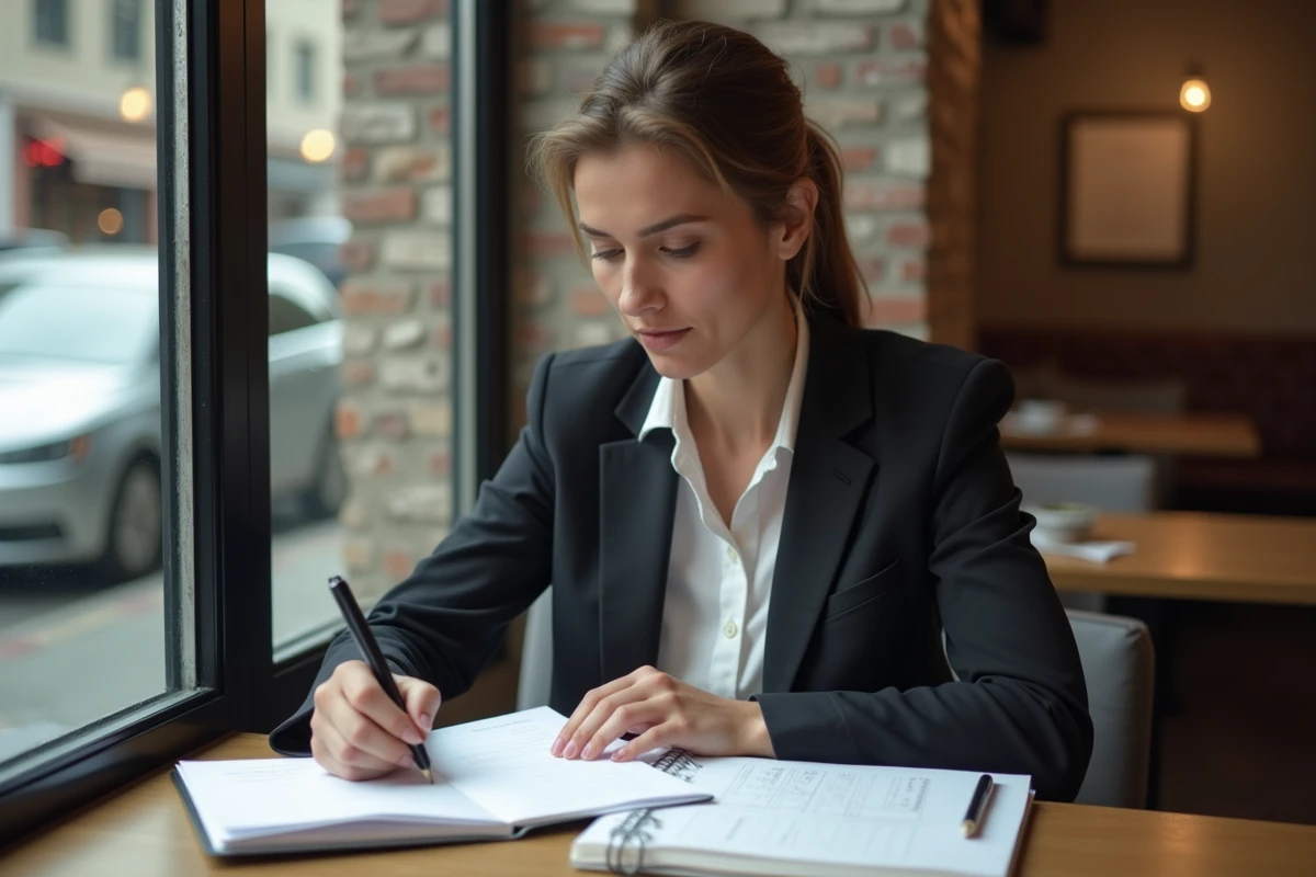 Femme vérifiant reçus dans un café lumineux