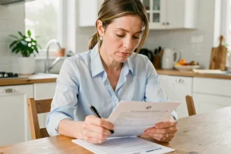 Femme consultant un document de remboursement de mutuelle santé à table dans sa cuisine