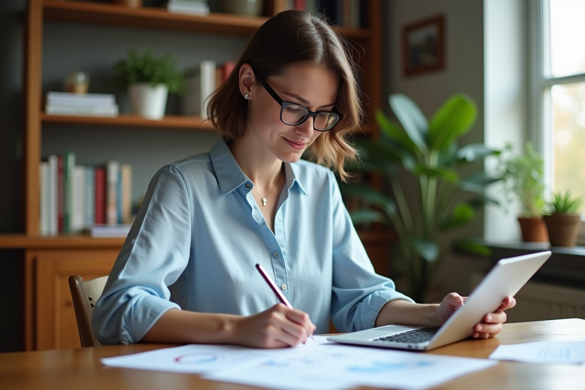 Femme en blouse bleue calculant des chiffres à la maison