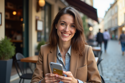Femme souriante utilisant une carte bancaire dans un café français