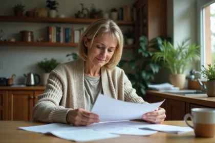 Femme d'âge moyen dans une cuisine lumineuse examine des papiers