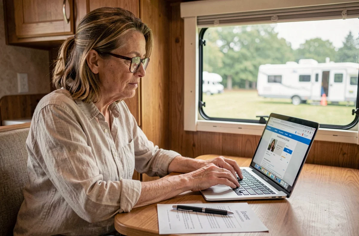 Femme comparant des offres d'assurance camping-car pas cher sur ordinateur portable à l'intérieur d'un camping-car