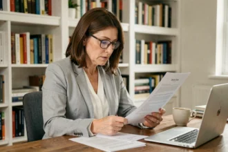 Femme en blazer gris comparant des documents de mutuelle santé à son bureau à domicile