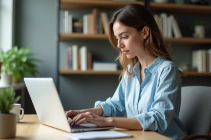 Femme consultant son compte en ligne Crédit Agricole Centre Loire sur un ordinateur portable dans un bureau à domicile