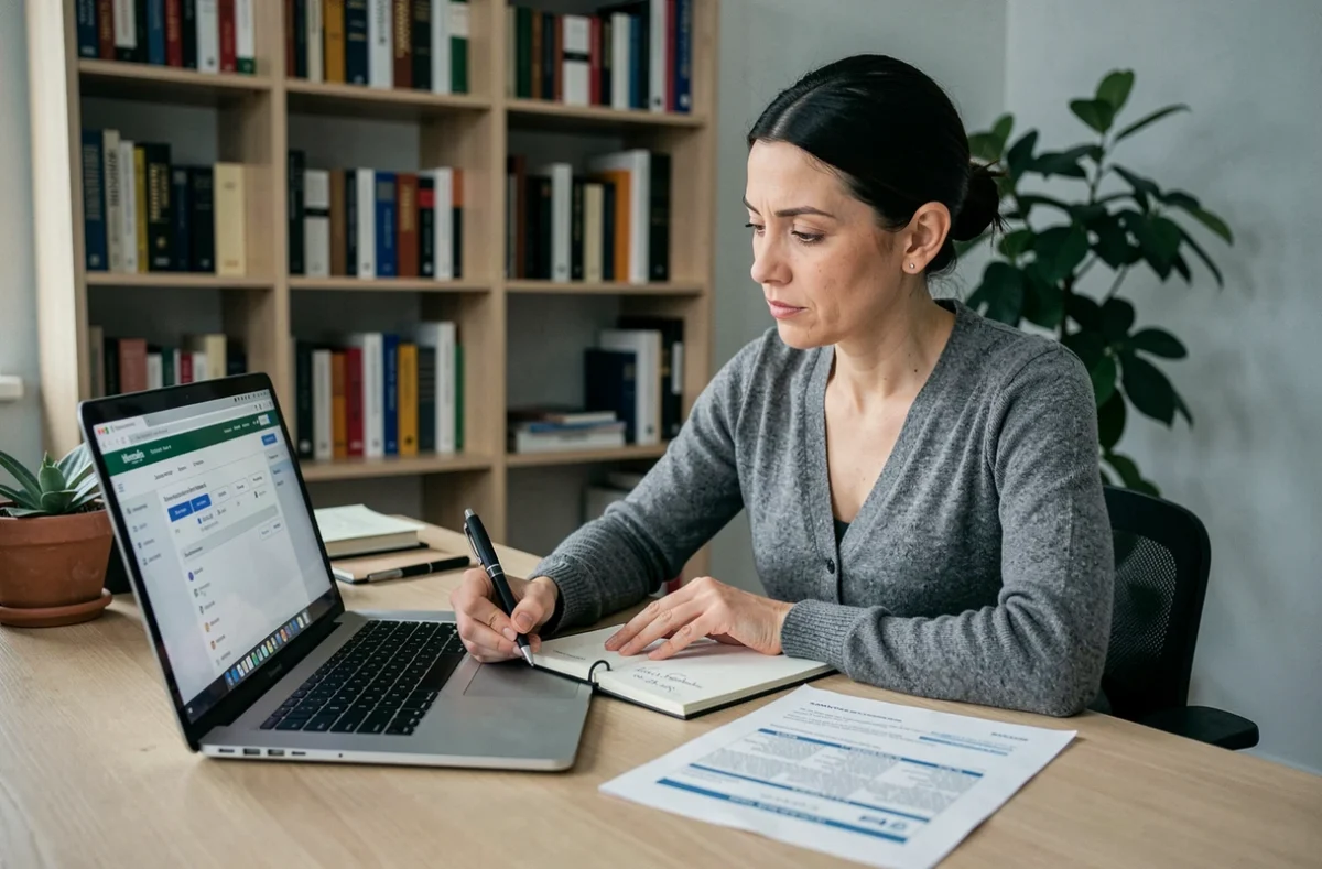 Femme consultant son crédit en ligne et prenant des notes pour contacter Cetelem