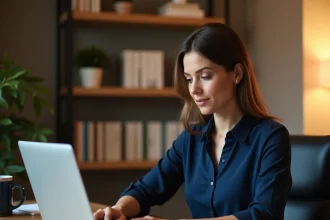 Femme consultant son espace bancaire en ligne Cyberplus sur un ordinateur portable depuis son bureau à domicile