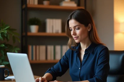 Femme consultant son espace bancaire en ligne Cyberplus sur un ordinateur portable depuis son bureau à domicile