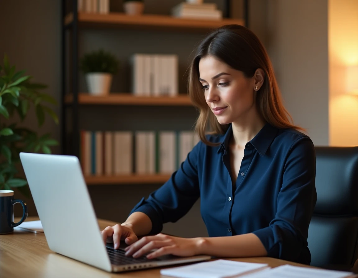 Femme consultant son espace bancaire en ligne Cyberplus sur un ordinateur portable depuis son bureau à domicile