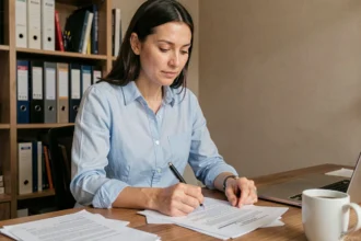 Femme consultant un contrat d'assurance responsabilité civile à son bureau à domicile