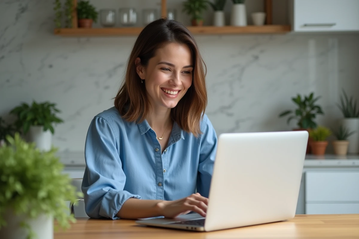 Femme souriante utilisant un ordinateur portable dans une cuisine lumineuse