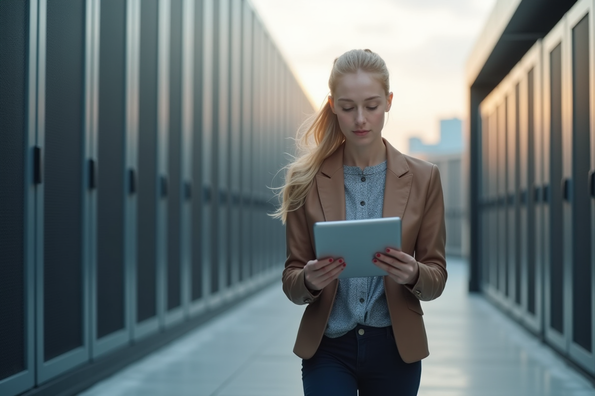 Jeune femme dans un centre de données en extérieur