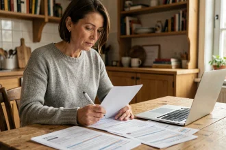 Femme remplissant le formulaire Cerfa 2042 RICI à la maison, entourée de documents fiscaux sur une table en bois
