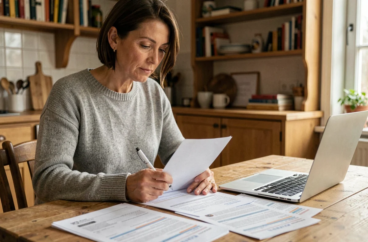 Femme remplissant le formulaire Cerfa 2042 RICI à la maison, entourée de documents fiscaux sur une table en bois