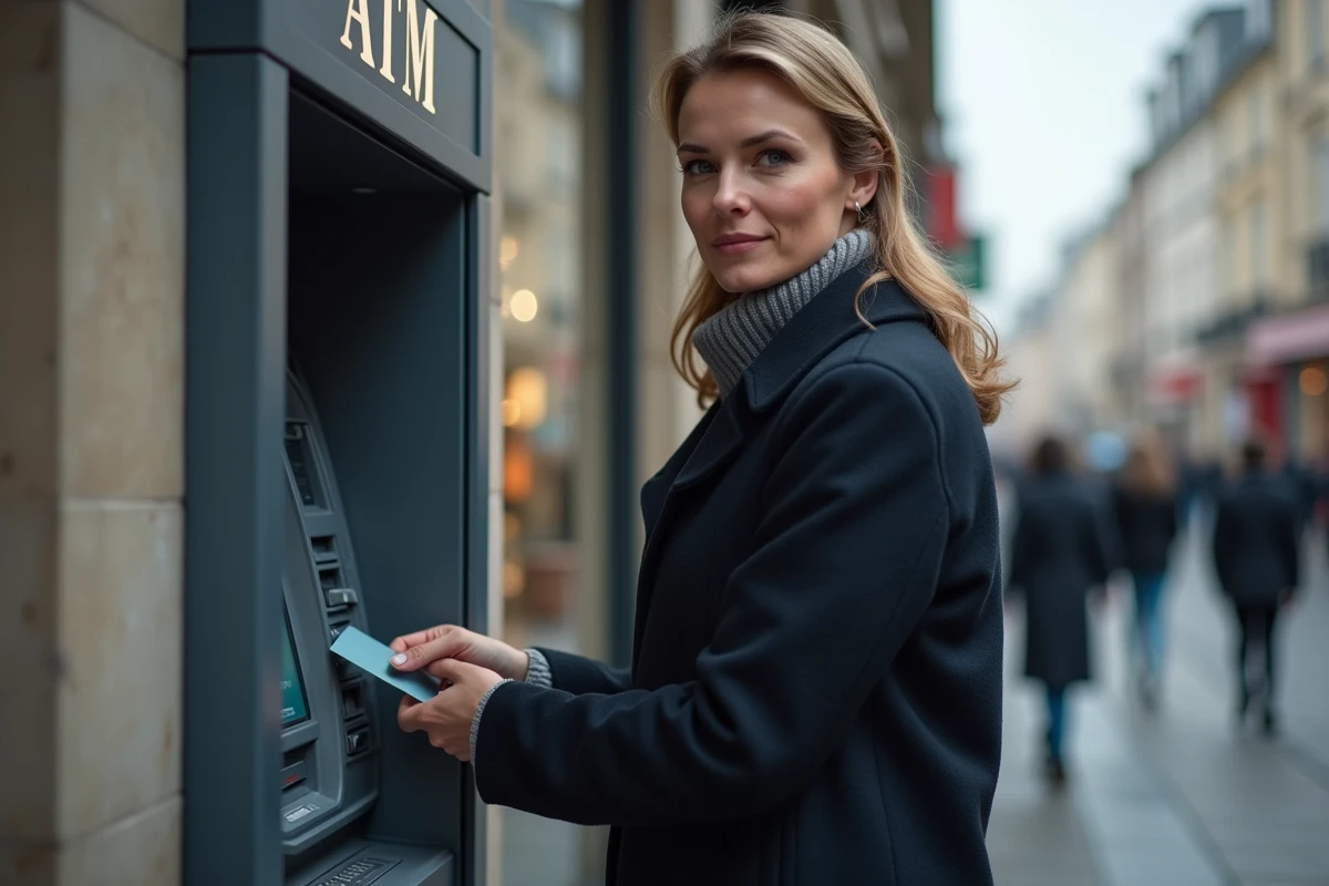 Femme utilisant un distributeur automatique de billets en extérieur dans une rue commerçante européenne