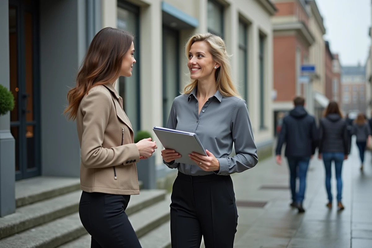 Femme parlant avec une autre près d un bâtiment belge