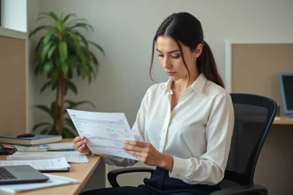 Femme employée en CDI examinant sa fiche de paie au Smic dans un bureau administratif
