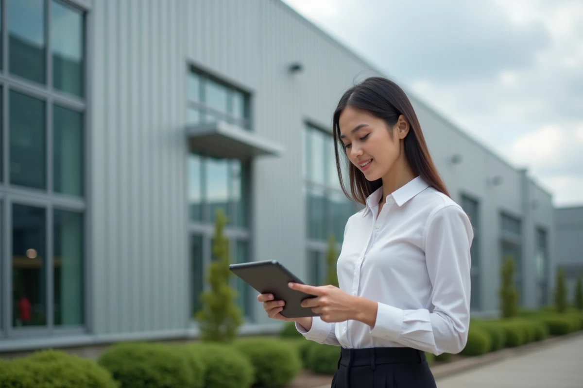 Jeune femme d affaires vérifiant une tablette en extérieur
