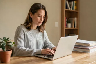 Femme consultant son espace client Cetelem sur un ordinateur portable depuis son bureau à domicile
