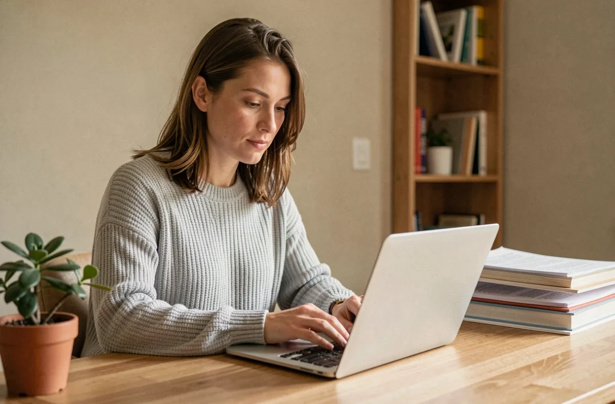 Femme consultant son espace client Cetelem sur un ordinateur portable depuis son bureau à domicile