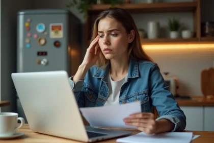 Femme préoccupée regardant sa facture d'électricité dans la cuisine