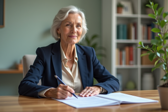 Femme d'âge moyen en bureau moderne et organisé