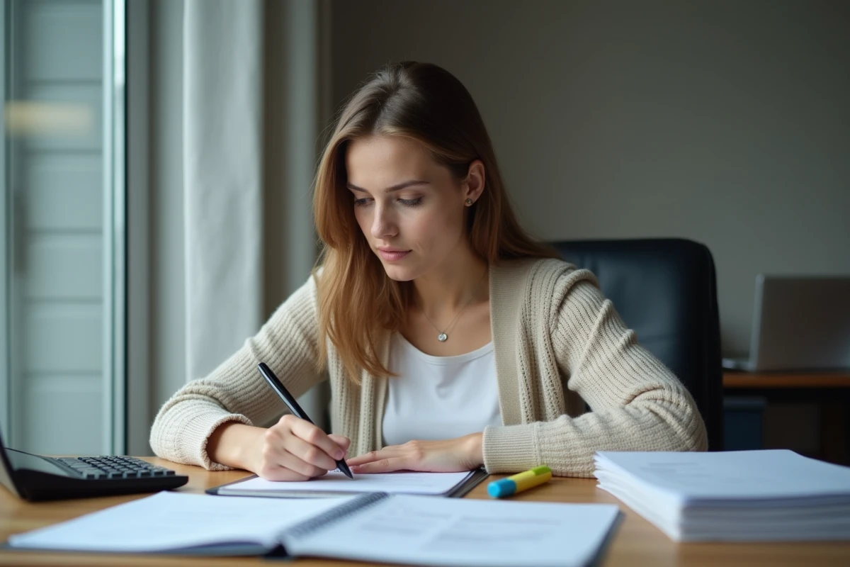 Femme remplissant un formulaire de demande d'APL à son bureau à domicile