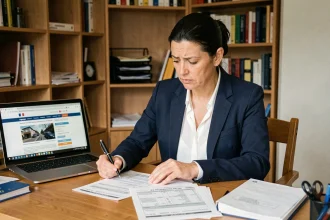 Femme consultant un formulaire fiscal français H1 à son bureau à domicile