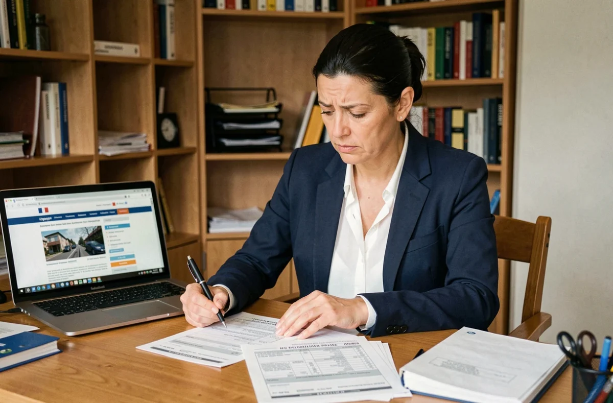 Femme consultant un formulaire fiscal français H1 à son bureau à domicile