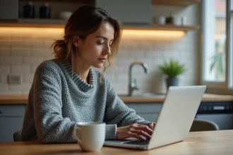 Femme gérant ses comptes bancaires en ligne sur un ordinateur portable depuis sa cuisine, interface Cyberplus Banque Populaire visible à l'écran