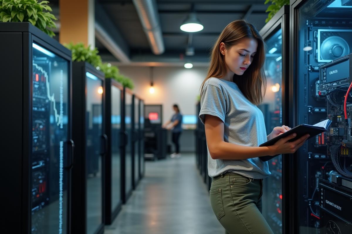 Jeune femme ajustant un rig de minage de crypto dans un espace coworking