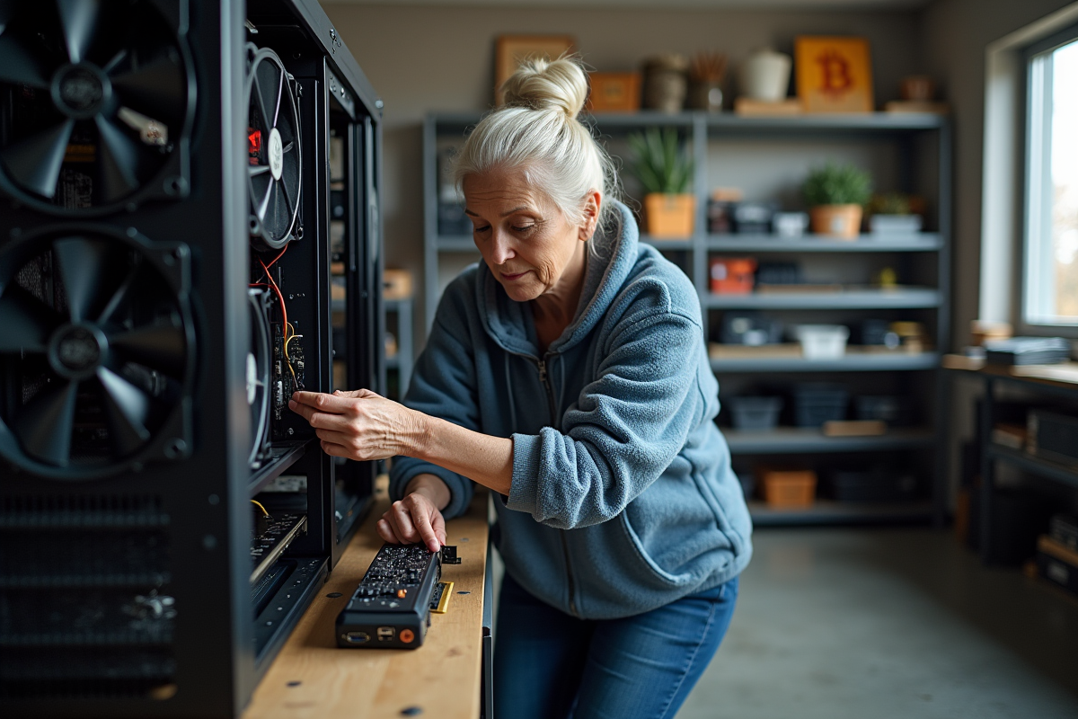Femme insérant une carte graphique dans un rig de minage