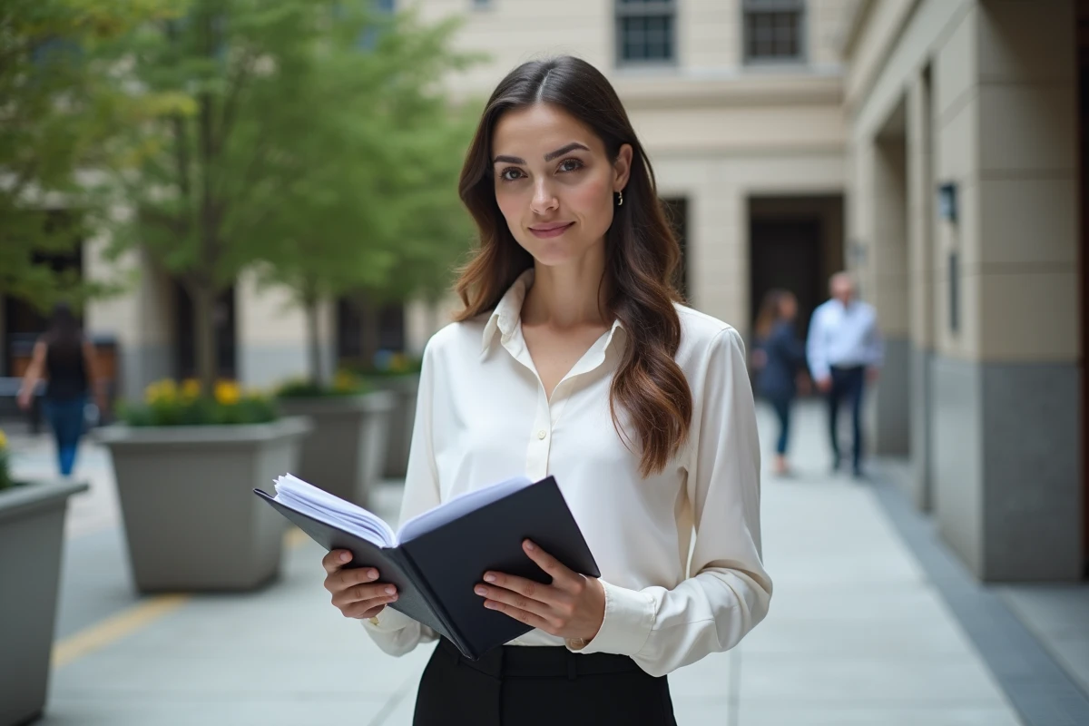 Jeune femme lisant des documents devant un bâtiment officiel