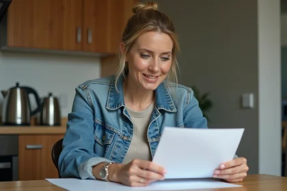 Femme lisant une lettre dans sa cuisine moderne
