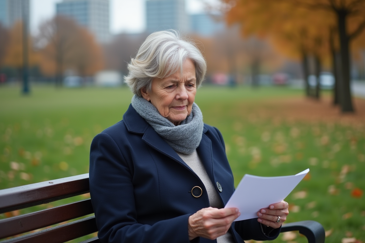 Femme âgée lisant une lettre dans un parc en automne