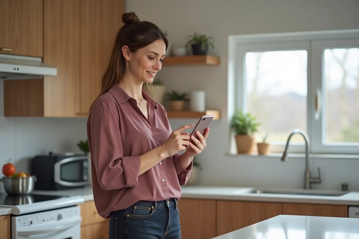 Femme à la maison vérifiant ses revenus hebdomadaires sur une application de marche