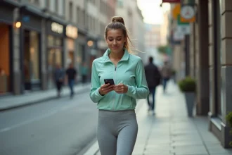 Femme marchant en ville et regardant une application de gains sur son smartphone