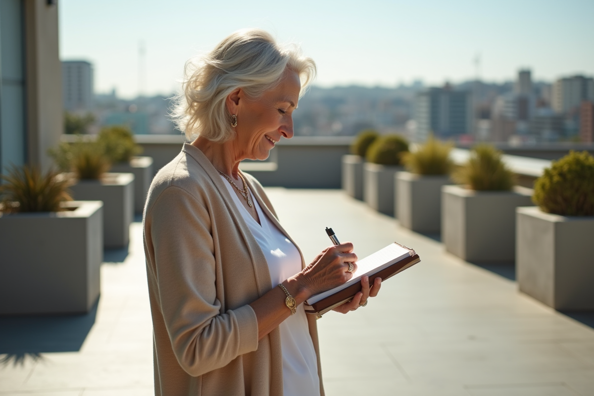 Femme âgée prenant des notes en extérieur sur une terrasse urbaine